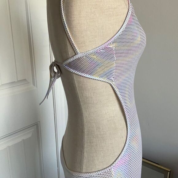 Holographic Mini Dress Tie Back, 80’s L.W. Sin-Sations body con sz s/m form fit - Picture 7 of 16